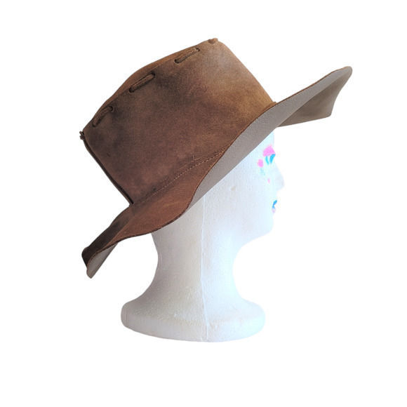 Vintage Vegan‎ Leather Brown Outback Cowboy Lace Detail Hat Boonie Hat - Picture 7 of 13